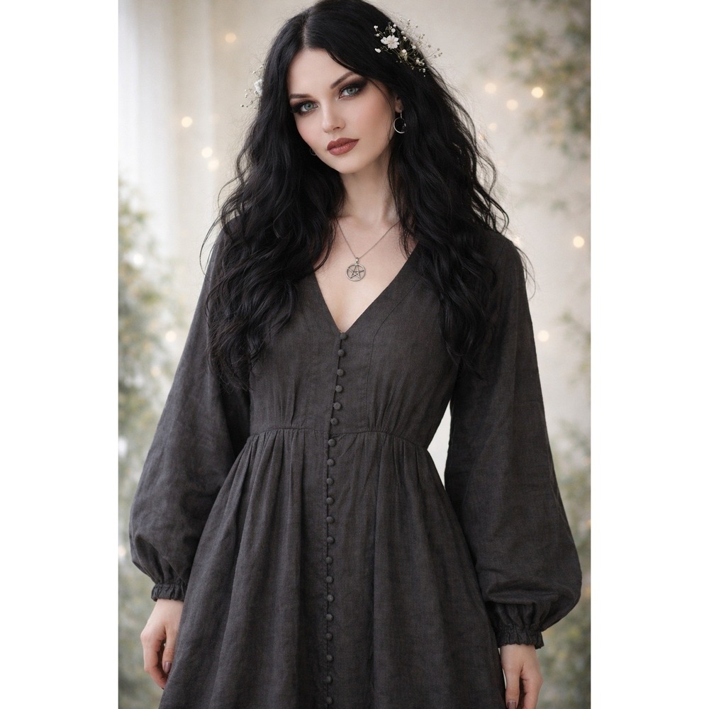 Banana Republic Black 25-Button Front Balloon Sleeve Dress LG Whimsy Goth Witchy